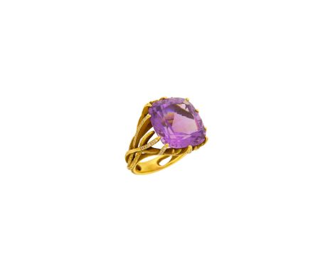 18 kt., one cushion-shaped amethyst ap. 13.25 cts., small round diamonds, signed N. Varney, ap. 7.5 dwts. Size 5. With signed