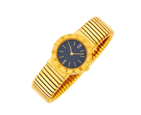 18 kt., quartz, circular black dial, gold-tone half-hour Arabic numerals and baton markers, bezel engraved 'Bvlgari Bvlgari',
