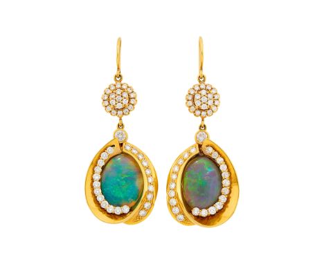 2 oval black opals ap. 8.00 cts., 88 round diamonds ap. 2.65 cts., ap. 14.7 dwts. Tops test as 14 kt. Pendants test as 18 kt.