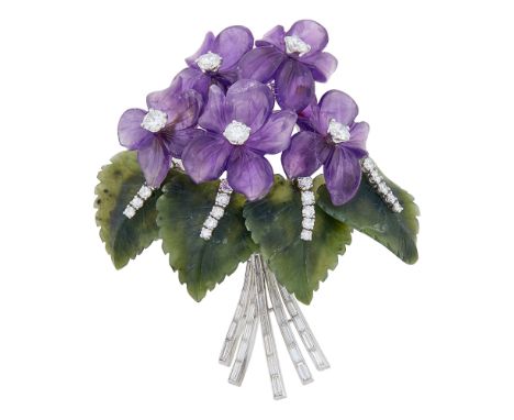 Five carved amethyst flowers, four carved nephrite leaves, 5 round diamonds ap. 1.35 cts., 20 round and 33 baguette diamonds 