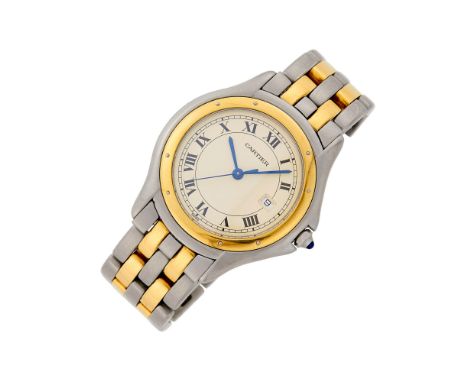Quartz, round cream dial, black Roman numerals, sweep seconds, date aperture, screw-down gold bezel, round cabochon blue spin
