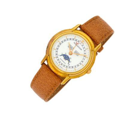 18 kt., automatic, circular off-white dial, day of week chapter ring, batons with day and month apertures and moonphase, roun
