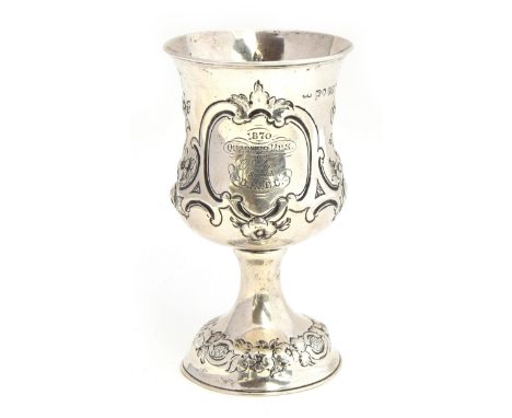 A Victorian silver goblet by Robert Harper, London 1870, chased with swags and floral decoration, inscribed '1870 Quarter Mil