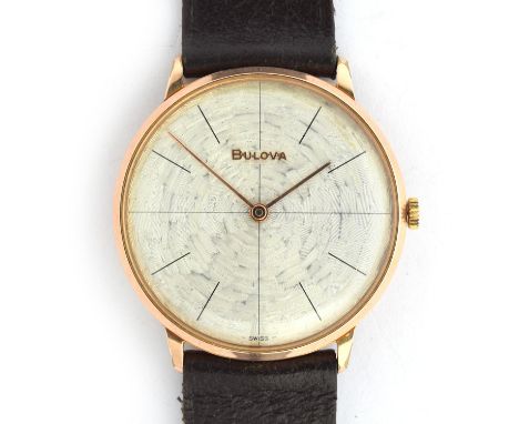 A BULOVA ROSE GOLD FILLED GENTLEMAN'S WRIST WATCHCirca 1960s, slate dial, cross hair, straight handsMovement: 17j, cal 11ALL,