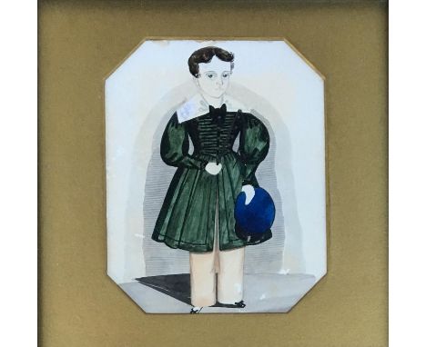 A naive Victorian portrait of a young boy with a riding crop, gouache on paper, 10x12.5cm 