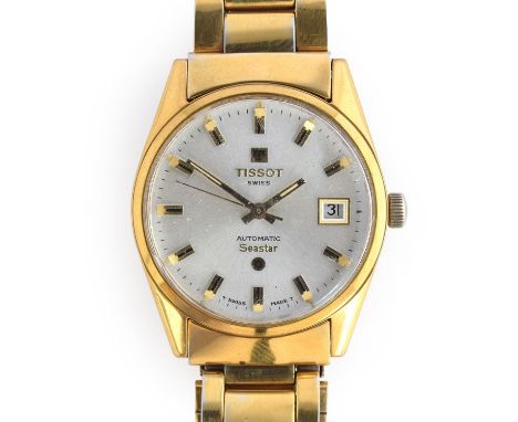 A TISSOT SEASTAR AUTOMATIC GENTLEMAN'S GOLD PLATED WRIST WATCH WITH DATECirca 1960s, ref. 44543-1X, silvered dial, raised gol