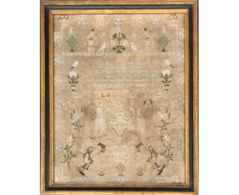 A fine early 19th century sampler, depicting birds and flowers with six lines of prayer above 'Catherine Cox Bassingbourne Sc