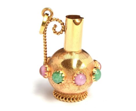 An 18ct gold pitcher charm, approx. 2cm wide and 3.5cm high, decorated with pink and green stones, marked 18k, 750, gross wei
