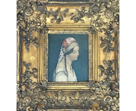 Continental school, a 19th century portrait of a woman with plaits in a headscarf, gouache on paper in ornate gesso frame, 7x