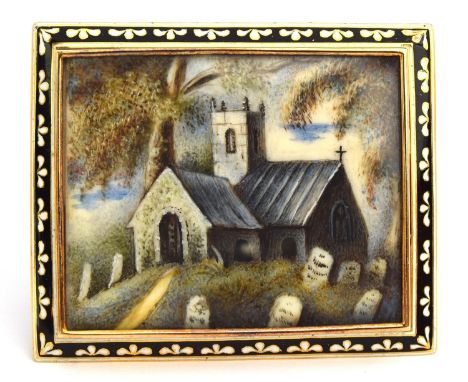 14ct gold (tested) brooch depicting miniature of a church scene surrounded with decorative enamel 
