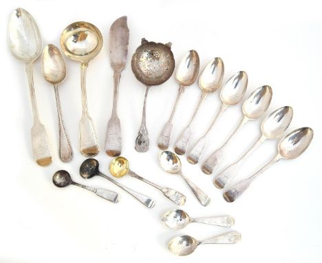 A mixed lot of silver flatware, to include an Irish silver fish knife by William Cummins, Dublin 1838; a set of six George II