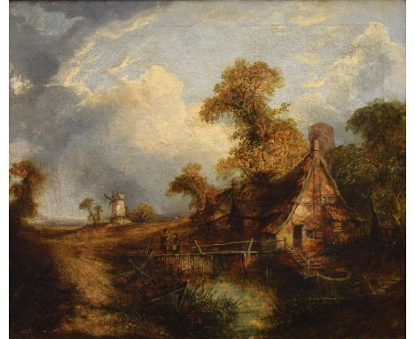 Circle of Constable, Figures on a bridge outside a cottage, oil on canvas, 75x87cm 
