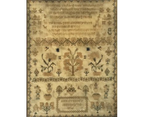 A 19th century sampler, 'Ann Creasey, January 12 1836, Enquiring youth if thou wouldst know...' and a further seven lines of 