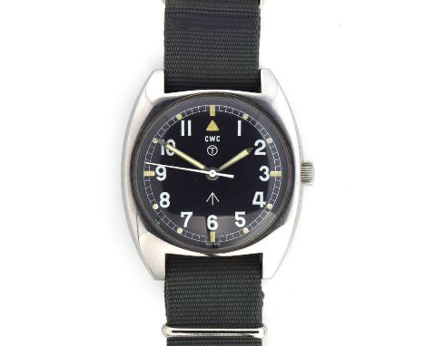 A CWC W10 MILITARY STEEL WRIST WATCH Dated 1979, black dial with luminous Arabic numerals Movement: 17J manual, cal. 649 (ETA