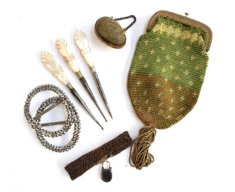 A silver Charles Horner thimble; a Victorian hair bracelet with glazed locket; two paste shoe buckles; a Victorian purse with
