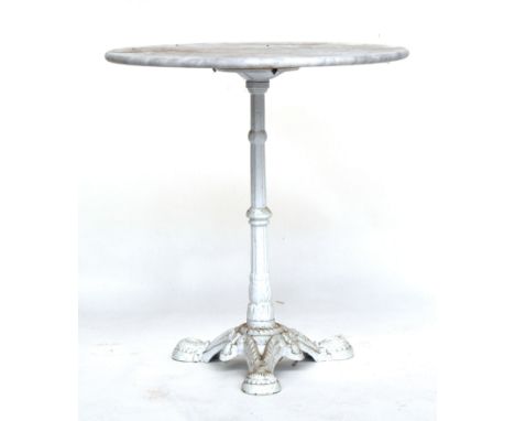 A marble topped garden table in the style of Coalbrokedale, with cast iron tripod base, 70cm diameter x 74cm high