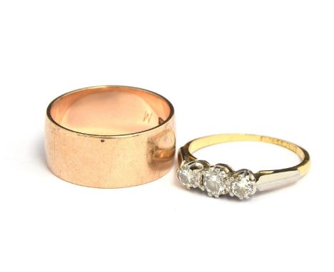 A 9ct gold wedding ring, size M, 4.5g, together with a 3 diamond 18ct gold ring, 2.2g, size K.5 