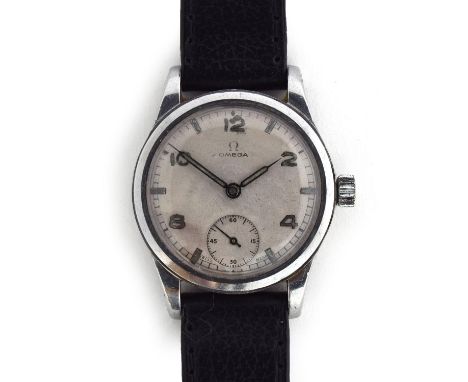AN OMEGA GENTLEMAN'S STAINLESS STEEL WRIST WATCH Circa 1930s, ref. 2165, silvered dial with Arabic numerals and straight hand