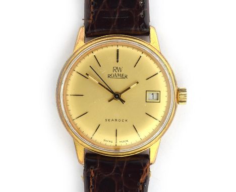 A STEEL AND GOLD PLATED ROAMER SEAROCK GENTLEMAN'S WRIST WATCHCirca 1960s, gold dial, baton markers with black inlays, date a