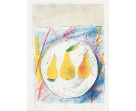 Chloe Cheese (Contemporary, British b.1952) Pears, lithograph printed in colours, signed, titled in pencil to the lower margi