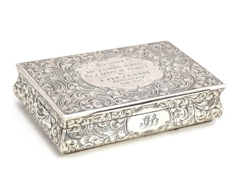 A Victorian silver snuff box, by Taylor &amp; Perry, Birmingham 1844, chased with scrolling decoration and inscribed to top, 