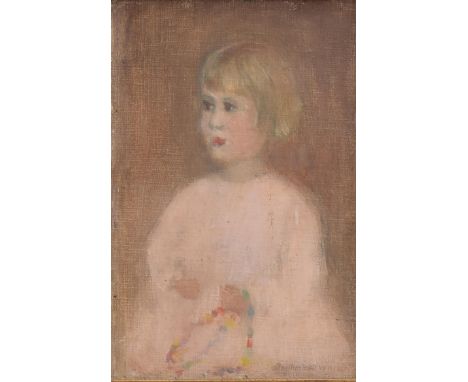English School, portrait of a young girl holding coloured beads, oil on board, indistinctly signed lower right, 18x12cmBears 
