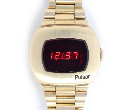 A PULSAR TIME COMPUTER 14CT GOLD FILLED LED BRACELET WATCH  Circa 1970s, Quartz crystal digital display,comes with inner and 