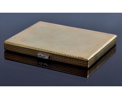 A 9ct gold engine turned cigarette case, the clasp set with four square cut diamonds, hallmarked for 1955, 8.9cm x 7.2cm x 0.