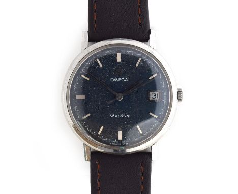 AN OMEGA GENEVE GENTLEMAN'S STEEL WRIST WATCHCirca 1960s, grey dial, raised silver baton markers, straight handsMovement: 17J