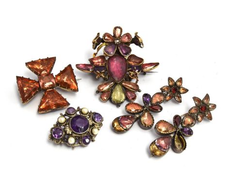 A double headed eagle brooch with a 9ct gold safety chain; together with drop earrings (some damage); a white metal amethyst 
