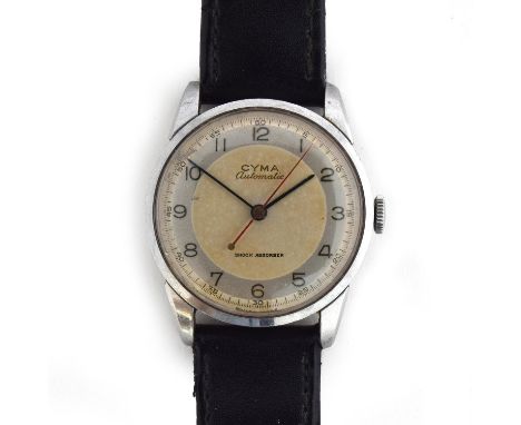 A CYMA GENTLEMAN'S STEEL AUTOMATIC WRIST WATCHCirca 1950s, two tone silvered dial with painted Arabic numeralsMovement: 17J a