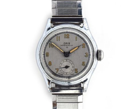 AN ORIS GENTLEMAN'S STEEL WRIST WATCHCirca 1950s, silvered dial with luminous Arabic numbers and luminous handsMovement: 15J 