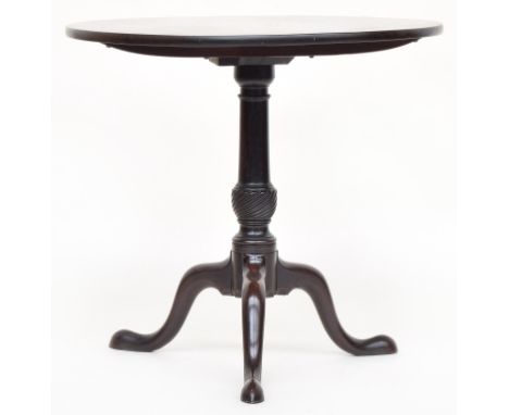 A George III mahogany tripod table, single piece plain top above a barrel and wrythen turned stem, on three cabriole legs wit