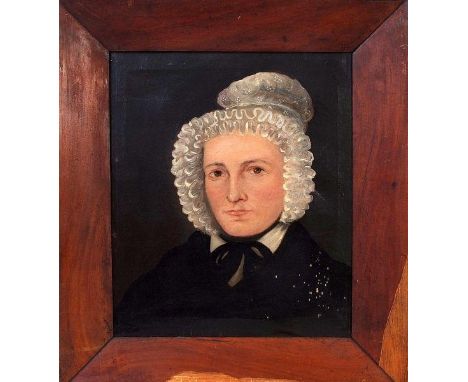 American Primitive School, 19th century, Portrait of a Young Lady in a Black Dress with White Collar and Frilled Bonnet, oil 
