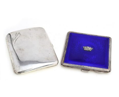 A George VI engine turned silver and royal blue guilloche enamel compact by John William Barrett, Birmingham 1940, the hinged