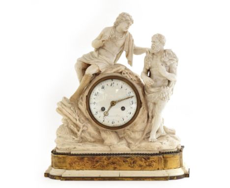 A 19th century bisque porcelain and gilt metal mounted  mantel clock, depicting two figures, the white enamelled dial with Ar
