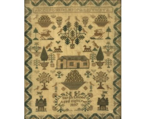 A Victorian sampler, 'Sarah Linnen, Aged Eight Years, 1837', with the alphabet, 38x31cm 