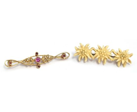 A 9ct gold ruby and pearl brooch, gross weight 4.2g together with a brooch in the form of Edelweiss flowers 