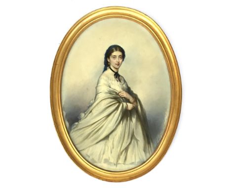 19th century British School, a three quarter length portrait of a young woman in a white gown and blue lace day cap, gouache 