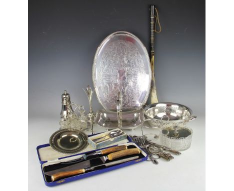 An assortment of silver and plated wares, to include a pair of silver mounted glove stretchers, a button hook and shoe horn, 