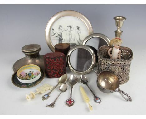 A selection of silver and objects of virtue to include a Chinese cinnabar lacquered inro, three white metal circular photogra