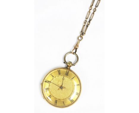 An 18K fob watch circa 1890, the open face fob watch with gilt dial and black Roman numerals, case stamped '27705 18K', movem