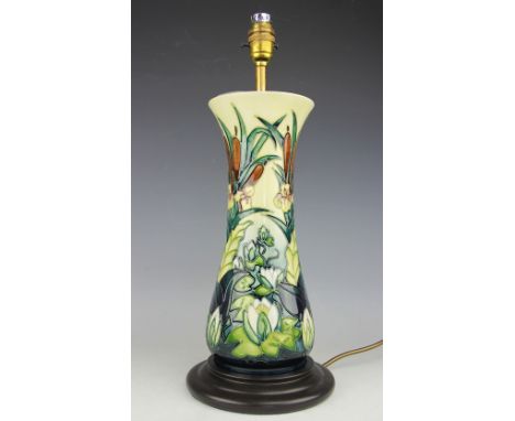 A Moorcroft Lamia pattern lamp base, c.1996, designed by Rachel Bishop with a continuous design of aquatic foliage in yellow,