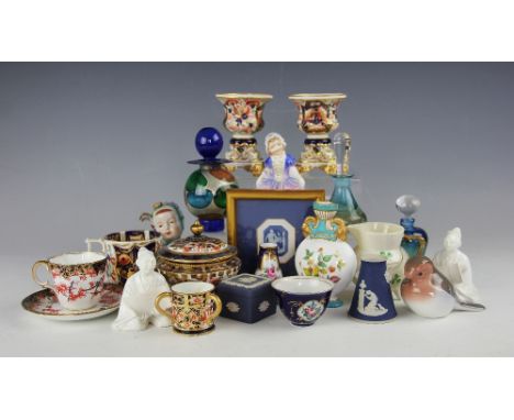 A collection of decorative ceramics including a pair of Royal Crown Derby Imari pattern pastille burners, in the form of clas