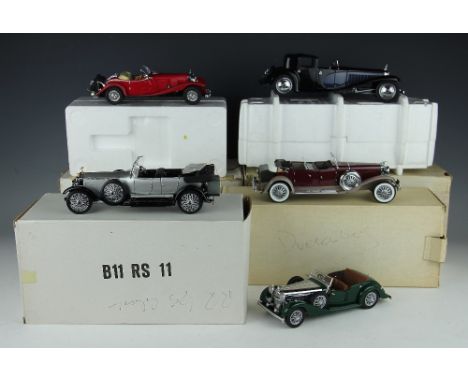 Five Franklin Mint scale model cars, comprising a 1938 Alvis 4.3 litre, a 1925 Rolls Royce Silver Ghost, a 1930 Duesenberg J 