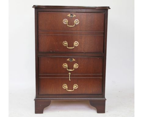 A modern mahogany two drawer filing cabinet, with leather inset top, on bracket feet, 78cm H x 54cm W x 59cm D