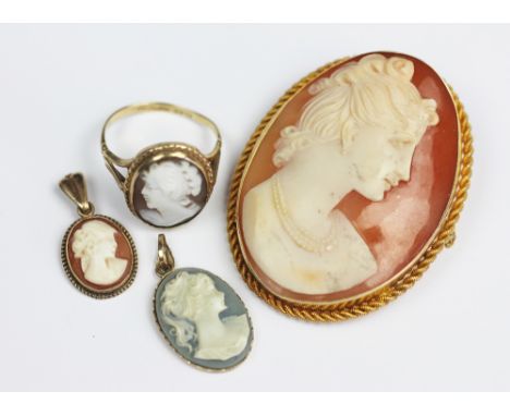 A carved shell cameo brooch, depicting a classical maiden in profile, within yellow metal rope twist surround, stamped '9ct G