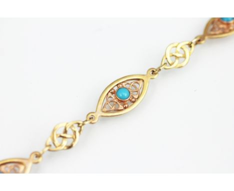 A Clogau gold turquoise set bracelet, designed as four navette shaped panels, each set with a cabochon turquoise stone and jo