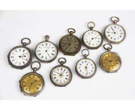 A selection of nine ladys silver and base metal cased fob watches, to include; two gilt faced examples, a silver cased exampl