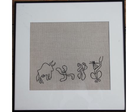 After Pablo Picasso, 
Print on linen, 
Bacchanale with Bull, 
31cm x 36cm, 
Framed and glazed